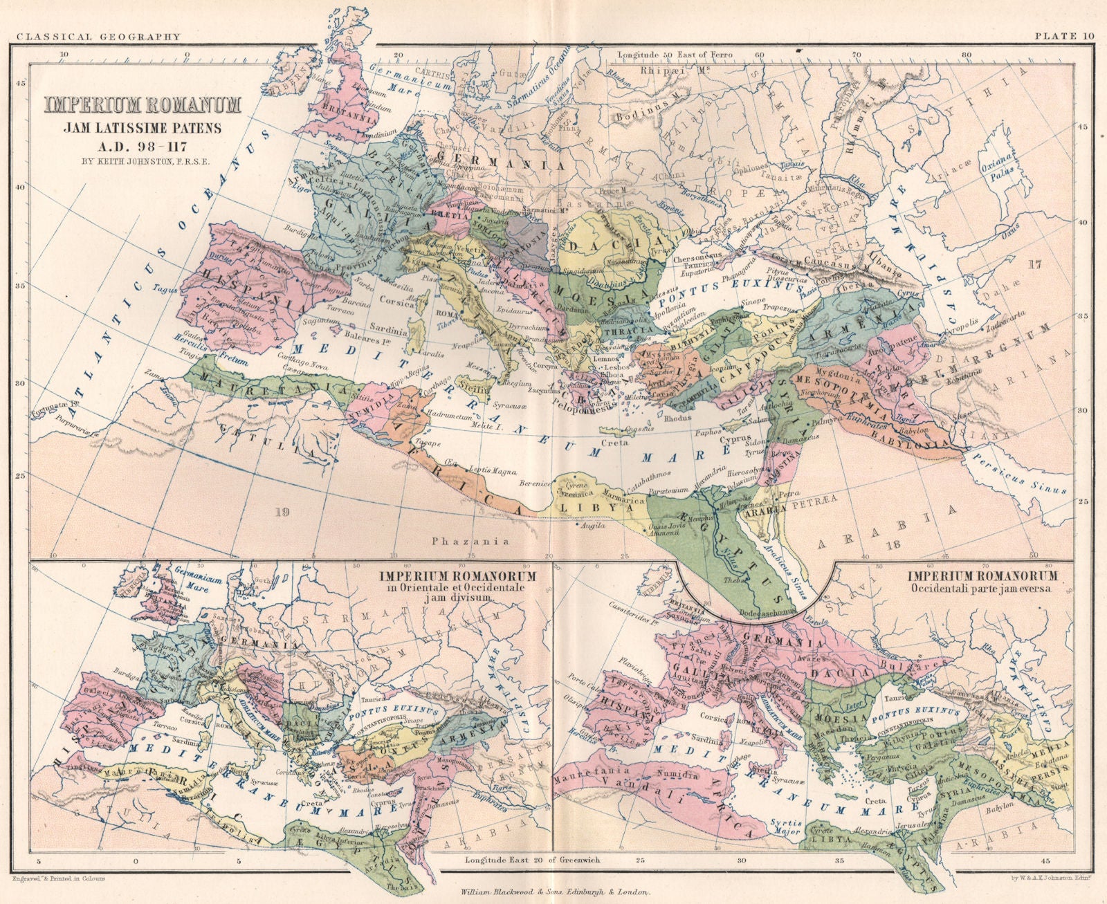 'Imperium Romanum'. Roman Empire at its greatest extent AD 98-117 1855 old map